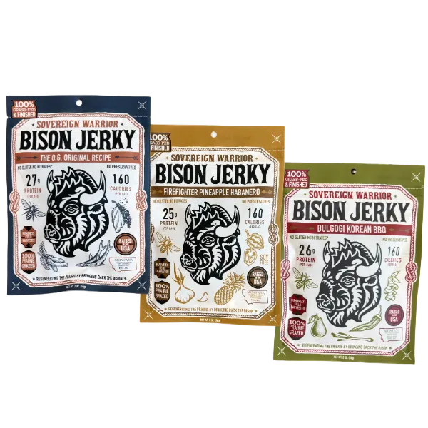 Three packages of Sovereign Warrior Bison Jerky on a white background