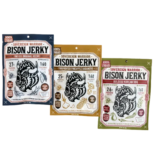 Three packages of Sovereign Warrior Bison Jerky on a white background