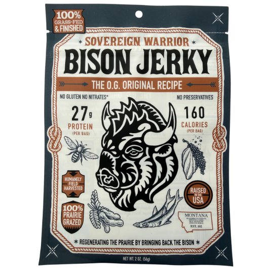 Sovereign Warrior Bison Jerky packaging with bison graphic and text details.
