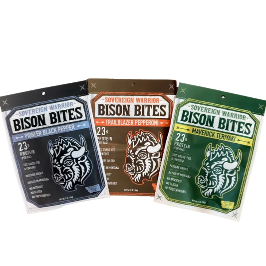 Three packages of Bison Bites with different flavors on a white background
