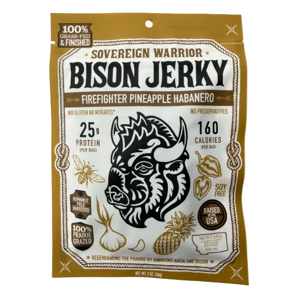 Package of Sovereign Warrior Bison Jerky with a bison graphic on a white background