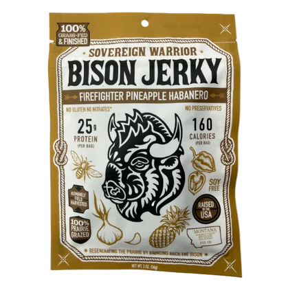 Package of Sovereign Warrior Bison Jerky with a bison graphic on a white background