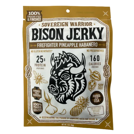 Package of Sovereign Warrior Bison Jerky with a bison graphic on a white background